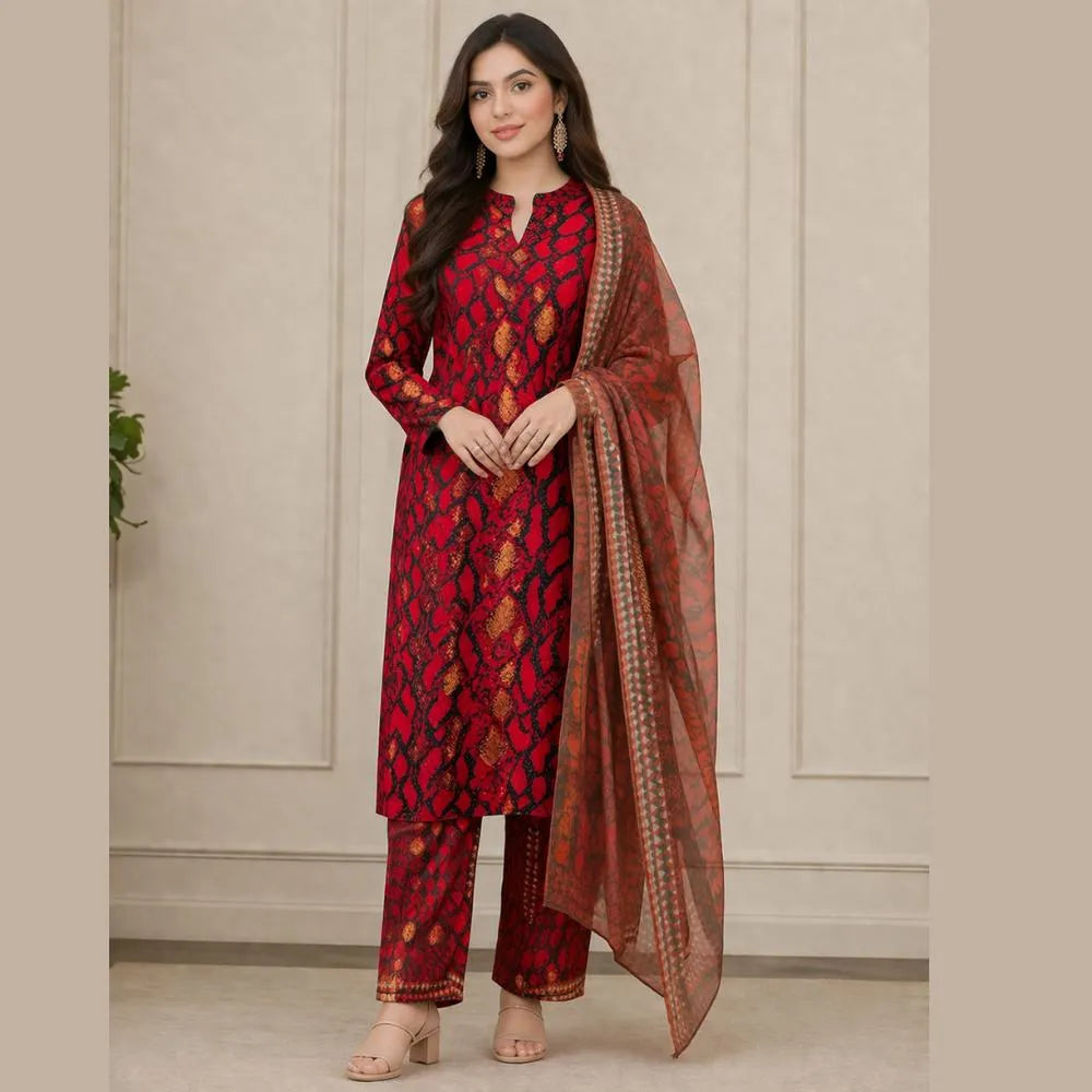 Red Digital Print Lawn 3Pcs for Women